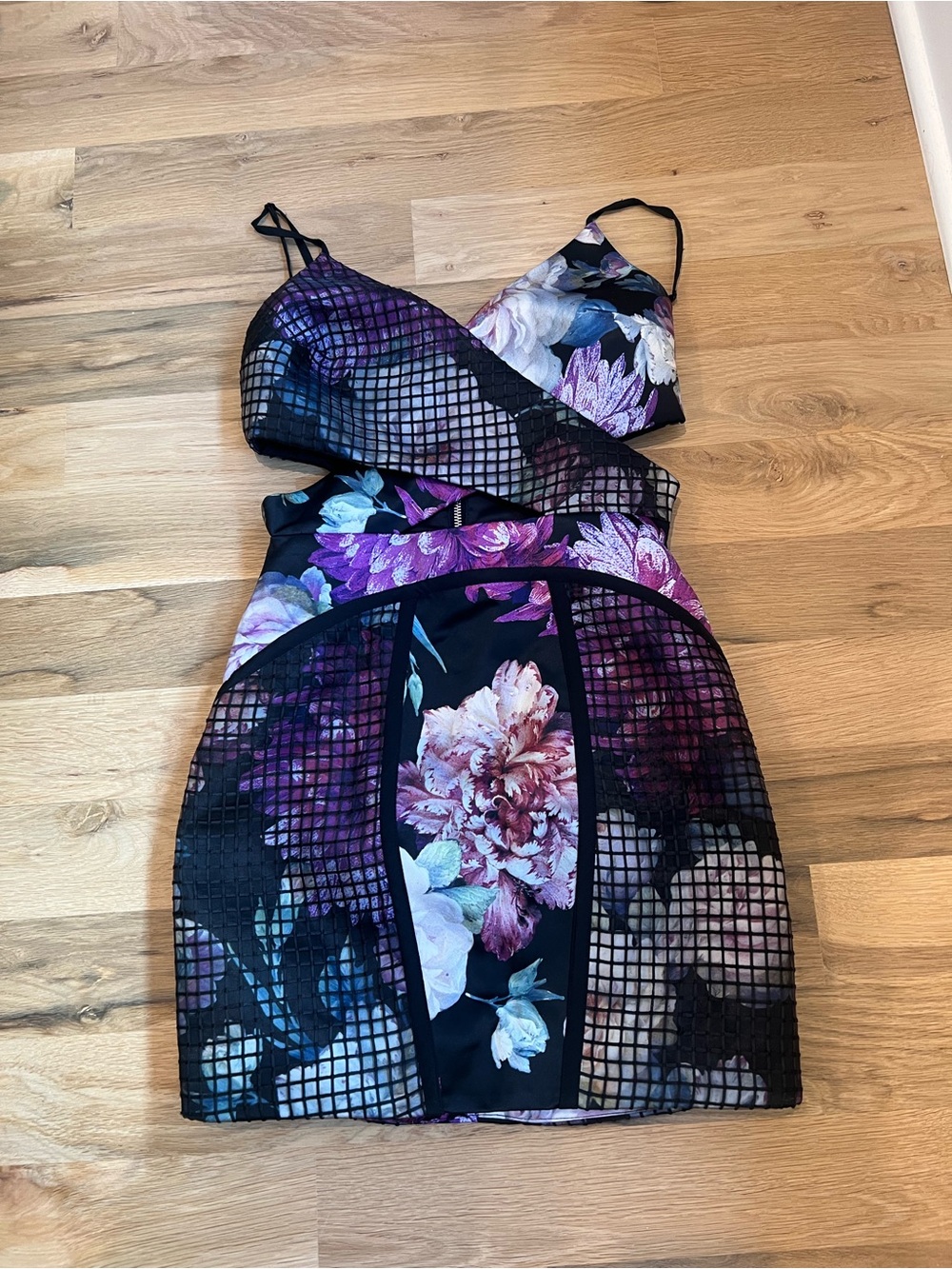 NBD Black Floral Mesh Overlay Mini Dress in Purple and Pink
